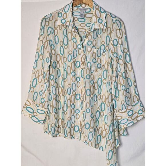 Multiples Sz Small Colorful Rayon ART-to-WEAR Blouse Button Front Asymmetrical - Picture 1 of 7